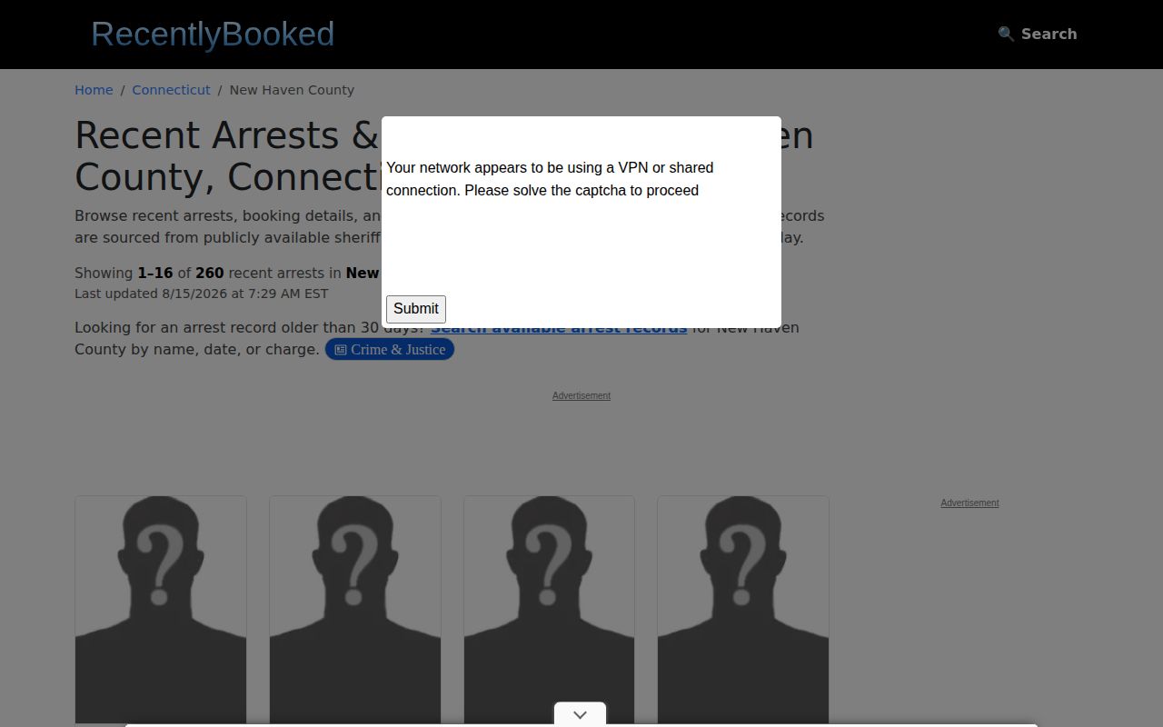Unofficial RecentlyBooked New Haven County arrest archive page