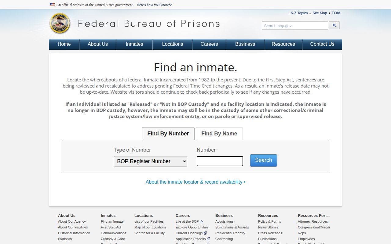New Haven County federal custody search through the BOP inmate locator