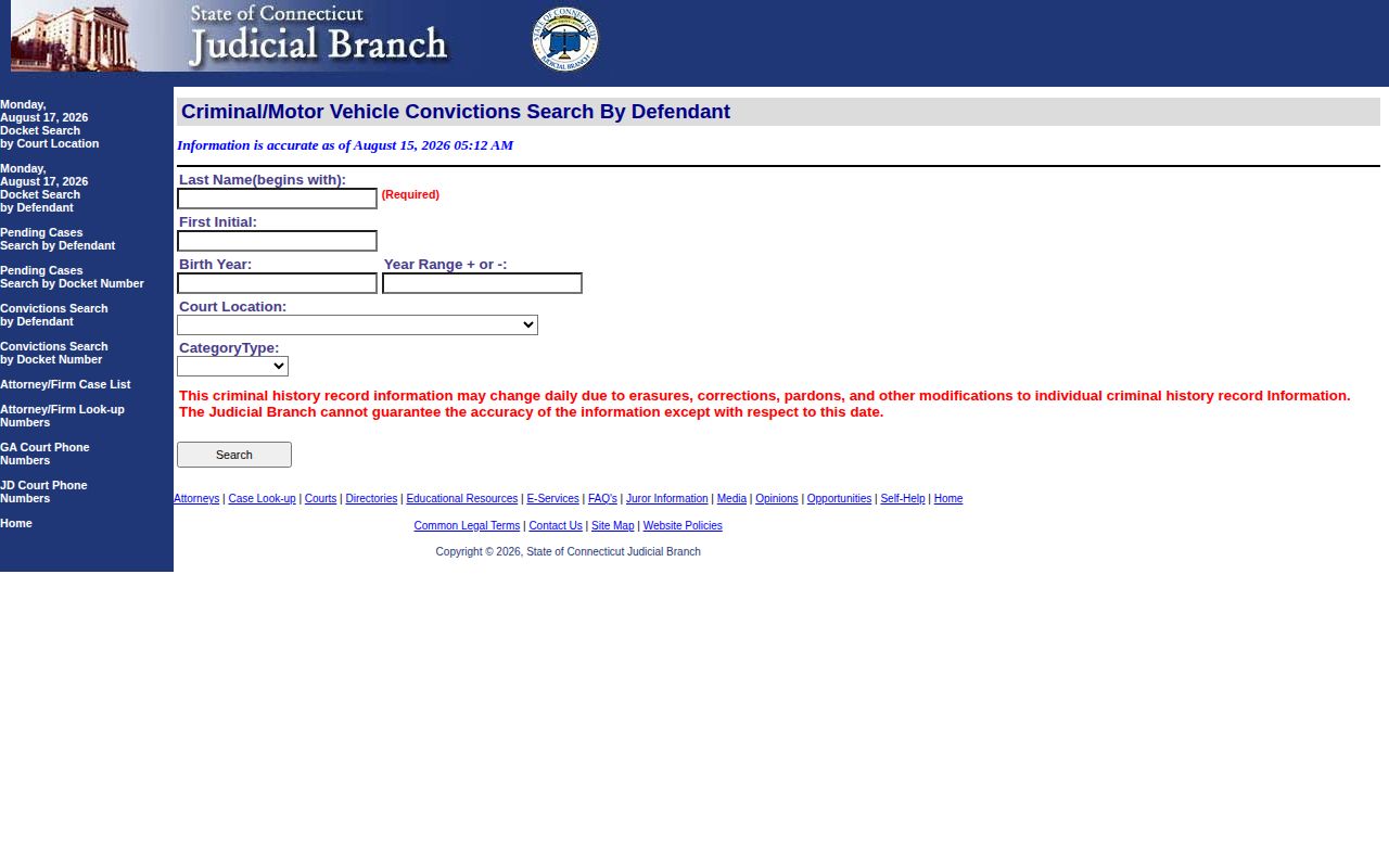New Haven County Connecticut Judicial Branch criminal case and disposition search